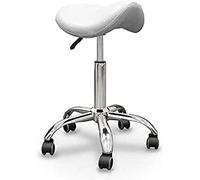 QUIRUMED Tabouret Pony, Base chromée à 5 Roues, Couleur Blanc, Ergonomique, léger, Hauteur réglable, Rembourrage Haute densité, Similicuir jusqu'à 150 kg