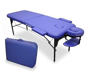 QUIRUMED WELLCORE - Table Pliante en Aluminium, 185 x 65 cm, Similicuir, Hauteur réglable, Tête articulée, Trou du Visage, Bras latéraux, Bleue, Sac à Dos de Transport, Jusqu'à 225 kg