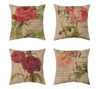 Quitey Lot de 4 Housse 40x40cm Fleur rétro Housses Coussin pour Canapé Exterieur Lin Housses de Coussin avec Fermeture éclair Invisible Taie Oreiller pour Salon Chambre Lit Jardin Decoration