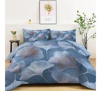 Quixora Couette Imprimée Feuille de Ginkgo Bleu Gris 220 x 240 cm 4 Saisons pour 2 Personnes, Couette Réversible sans Housse Plaid Edredon avec 2 Taies d'oreiller 65 x 65 cm - Lavable en Machine