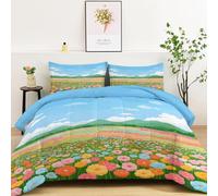 Quixora Couette Imprimée Floral Multicolore Champ de Fleurs Colline 140 x 200 cm 4 Saisons pour 2 Personnes, Couette Réversible sans Housse Plaid Edredon avec 2 Taies d'oreiller 65 x 65 cm