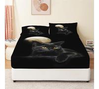 Quixora Drap Housse 140x190 Motif Chat Noir Housse de Matelas, Enfants Protection de Matelas 30cm, Antidérapants Résistant aux Rides Drap Housse Set en Microfibre avec Taies d'oreiller x2