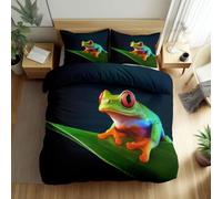 Quixora Durable Parure de lit Réversible Bleu foncé - Set de Housse de Couette Animaux Rainette aux Yeux Rouges 140 x 200 cm avec 2 taies d'oreiller pour lit Standard 1 Personnes, Hypoallergénique