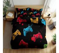 Quixora Durable Parure de lit Réversible Noir - Set de Housse de Couette Manettes de Jeu colorées éléments de Jeux vidéo 260 x 240 cm avec 2 taies d'oreiller pour lit Standard 2 Personnes