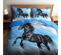 Quixora Housse De Couette 140 x 200 Parure De Lit Animal Cheval Noir Impression Housse de Couette Set 3 Pièces, Bleu