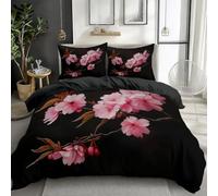 Quixora Housse De Couette 200 x 200 cm Parure De Lit Élégant Fleurs de Cerisier Bourgeons Roses Impression Housse de Couette Set 3 Pièces, Noir