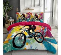 Quixora Housse De Couette 220 x 240 cm Parure De Lit Doodle Coureur de VTT Impression Housse de Couette Set 3 Pièces, Rouge