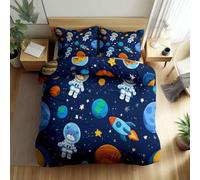 Quixora Housse de Couette Animaux de l'espace de Dessins animés Parures de lit 180 x 200 cm Garçons Filles Adulte Ado, Parure de Lit Microfibre, Bleu foncé