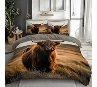Quixora Housse de Couette Champs Faune Vache des Highlands Écossaise Parures de lit 140 x 200 cm Garçons Filles Adulte Ado, Parure de Lit Microfibre, Gris Beige