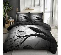 Quixora Housse de Couette Fille Garçon 200 x 200 cm, Gris Foncé avec Imprimé Corbeau Gothique Lune Halloween Parures de lit, Literie Romantique pour Enfants et Ados, Décoration de Chambre à Coucher