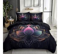 Quixora Housse de Couette Fille Garçon 200 x 200 cm, Noir avec Imprimé Mandala Élégant De Lotus Parures de lit, Literie Romantique pour Enfants et Ados, Décoration de Chambre à Coucher, Confortable