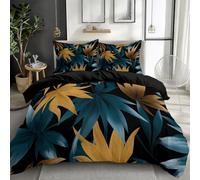 Quixora Housse de Couette Fleurs Palmiers Feuilles Moutarde Bleu Parures de lit 220 x 240 cm Garçons Filles Adulte Ado, Parure de Lit Microfibre, Noir