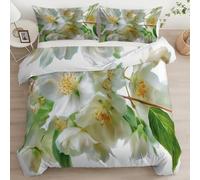 Quixora Housse de Couette - Floral Gros Plan Blanc Jasmin Motifs 140 x 200 cm réversibles Parure de Lit- Housse de Couette pour garçons Enfants Adolescents - Literie Set avec Taies d'oreiller