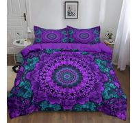 Quixora Housse de Couette Floral Mandala Fleurs Violet Cyan Parures de lit 200 x 200 cm Garçons Filles Adulte Ado, Parure de Lit Microfibre, Cadeaux de Famille, Violet Pourpre