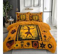 Quixora Housse de Couette Orange-Jaune 200 x 200 cm, Parure de Lit Tribal Africain Ethnique Symboles avec Fermeture Éclair, 2 Taies d'oreiller 65x65cm, Linge de Lit 2 Personnes pour Adulte Enfant
