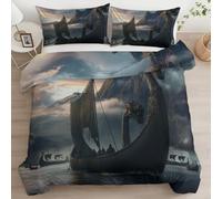 Quixora Housse de Couette Réversible en Microfibre, Parure de Lit Imprimé Illustration de Navire de Guerre Vintage Modèle, 220 x 240 cm avec Fermeture Éclair et 2 Taies d’Oreiller 65x65 cm