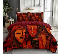 Quixora Housse de Couette Rouge Foncé 220 x 240 cm, Parure de Lit Masques Tribaux Africains avec Fermeture Éclair, 2 Taies d'oreiller 65x65cm, Linge de Lit 2 Personnes pour Adulte Enfant