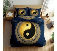 Quixora Housse de Couette Symbole Yin et Yang doré et Noir Parures de lit 200 x 220 cm Garçons Filles Adulte Ado, Parure de Lit Microfibre, Mandala