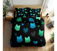 Quixora Housse de Couette Tête de Chat Bleu Sarcelle Fluo Parures de lit 200 x 220 cm Garçons Filles Adulte Ado, Parure de Lit Microfibre, Noir