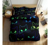 Quixora Housse de Couette Vert Fluo Bleu Violet Chat de Dessin animé Parures de lit 90 x 190 cm Garçons Filles Adulte Ado, Parure de Lit Microfibre, Noir