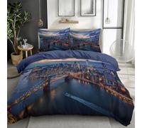 Quixora Parure de lit 1 Personnes - Housse de Couette Motif Paysage d'horizon de la Ville de New York 140 x 200 cm + 2 Taies d'oreiller 65x65cm, Polyester, Bleu