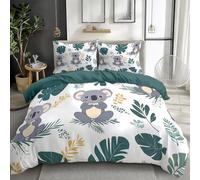 Quixora Parure de lit 2 Personnes - Housse de Couette Motif Feuilles de Koala de Dessin animé 220 x 240 cm + 2 Taies d'oreiller 65x65cm, Polyester, Vert foncé