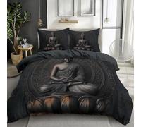 Quixora Parure de lit 2 Personnes - Housse de Couette Motif Mandala Statue de Bouddha Gris foncé Bleu + 2 Taies d'oreiller 65x65cm, Polyester, 200 x 200 cm
