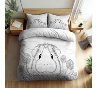Quixora Parure de Lit Croquis Animal Cochon d'Inde Housse de Couette 3 Pièces Parures de lit Blanc 200 x 200 cm Garçons Filles Adulte Ado, Parure de Lit Microfibre