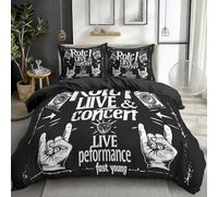 Quixora Parure de Lit Enfant Réversible Rock rétro, Housse de Couette avec Fermeture Éclair en Polyester 140 x 200 cm + 2 Taie d'oreiller - Housses de Couettes Fille Garçon 1 Personne, Gris foncé