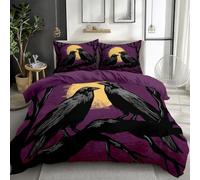 Quixora Parure de Lit Housse de Couette Microfibre à Motif Corbeau Cartoon Pleine Lune Noir Violet Foncé pour Les garçons Adolescents 220 x 240 cm et 2 x Taies d'oreiller 65x65 cm, Réversible Violet