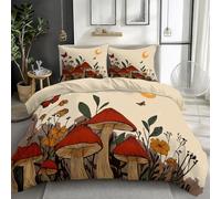 Quixora Parure de Lit Housse de Couette Microfibre à Motif Dessin Animé Conte De Fées Champignons Forêt pour Les garçons Adolescents 220 x 240 cm et 2 x Taies d'oreiller 65x65 cm, Réversible Crème