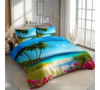 Quixora Parure de Lit Housse de Couette Microfibre à Motif Dessin Animé Plage Palmiers Fleurs Roses pour Les garçons Adolescents 220 x 240 cm et 2 x Taies d'oreiller 65x65 cm, Réversible Bleu