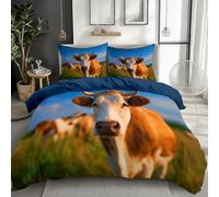 Quixora Parure de Lit Housse de Couette Microfibre à Motif Prairie Vaches Animaux Photographie pour Les garçons Adolescents 220 x 240 cm et 2 x Taies d'oreiller 65x65 cm, Réversible Bleu Foncé
