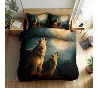 Quixora Parure de Lit Peinture à l'huile Loup Hurlant Housse de Couette 3 Pièces Parures de lit 260 x 240 cm Garçons Filles Adulte Ado, Parure de Lit Microfibre