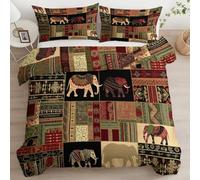 Quixora Parure de Lit Style Victorien Tribu Africaine Éléphant Patchwork Housse de Couette 220 x 240 cm avec 2 Taies d'oreiller 65x65 cm, Housse Couette 2 Personnes en Microfibre Imprimée