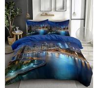 Quixora Set Housse de Couette 140 x 200 cm, Motif Vue Nocturne De New York sur Le Pont De Brooklyn, Parure de Linge de Lit pour 1 Personnes avec 2 Taies d'oreiller 65x65 cm, Microfibre, Bleu Foncé