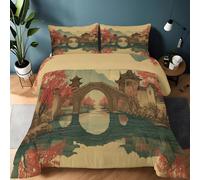 Quixora Style Chinois Vieux Pont en Pierre Pagode Couette 200x200 cm, Couette Couverture Respirante et Super Douce pour 4 Saisons avec 2 Taies d'oreiller, pour lit 2 Personnes, 400g/m²