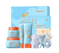 QUIYUM Citrus Vitamin C Skincare Set (11pcs) - Facial Cleanser 100g, Eye Cream 20g, Face Cream 50g, Body Scrub 200g, Face Mask 25g×3, with Hair Ties×2, Facial Massage Comb, Teddy Bear Towel