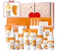 QUIYUM Coffret cadeau de Noël et de Nouvel An - Coffret soins de la peau au curcuma et à la vitamine C (16 pièces) - Savon au curcuma 100 g, gommage 100 g, lotion tonique 100 ml, sérum 17 ml, crème co