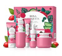 QUIYUM Coffret de soins à la rose musquée, 5 soins du visage hydratants avec nettoyant, tonique, sérum, contour des yeux et crème hydratante, adapté aux femmes et adolescents