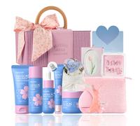 Quiyum Coffret de soins Sakura au collagène - Nettoyant 50 g, lotion tonique 120 ml, sérum 30 ml, crème contour des yeux 20 g, crème visage 50 g, stickers pour ongles, serviette, trousse à maquillage,