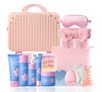 QUIYUM Coffret de soins Sakura au collagène - Nettoyant 50 g, lotion tonique 120 ml, sérum 30 ml, crème contour des yeux 20 g, crème 50 g, stickers pour ongles, bandeau, serviette, poudre compacte, ma