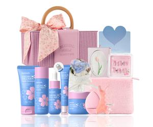 Quiyum Coffret de soins Sakura au collagène - Nettoyant 50 g, lotion tonique 120 ml, sérum 30 ml, crème contour des yeux 20 g, crème visage 50 g, stickers pour ongles, serviette, trousse à maquillage,