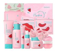 QUIYUM Coffret Set de Soin Visage à la Pastèque, Kit Hydratant 14 Pièces pour Femmes avec Nettoyant, Tonique, Sérum, Crème Contour des Yeux, Crème Hydratante, Masque Visage, Savon et Bandeau