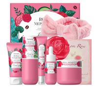 QUIYUM Coffret Set Soin Visage à la Rose Musquée, Kit Hydratant 7 Pièces pour Femmes avec Gel Nettoyant, Tonique, Sérum, Crème Contour des Yeux, Crème Hydratante, Savon Visage et Bandeau pour Cheveux