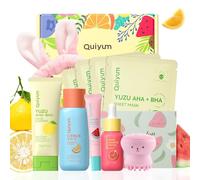 QUIYUM Coffret soin visage fruits, 10 pièces, coffret cadeau pour femme, peaux grasses et mixtes à tendance acnéique, acide salicylique, vitamine C, peptides, contrôle du sébum, anti-acné