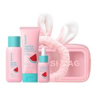 QUIYUM Kit soin visage pastèque & niacinamide, 5 pièces avec trousse | Kit routine hydratante format voyage pour jeune femme et ado, avec nettoyant visage, sérum et crème, tout type de peau