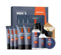 QUIYUM Men's Skincare Set (12pcs) - Eye Cream 20g, Face Mask 25g×3, Day Cream 30g, Night Cream 30g, Beard Balm 30g, Beard Growth Oil 30ml, Facial Cleanser 50g, Scrub 50g, Beard Shampoo 60ml, with Bear