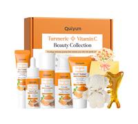 QUIYUM Turmeric Vitamin C Skincare Set (7pcs) - Facial Cleanser 50g, Toner 100ml, Serum 17ml, Eye Cream 20g, Face Cream 30g, with Facial Massage Comb, Teddy Bear Towel