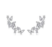 Quke Boucles d'oreilles en argent sterling 925 papillon 3D, zircones, cristal, motif vigne